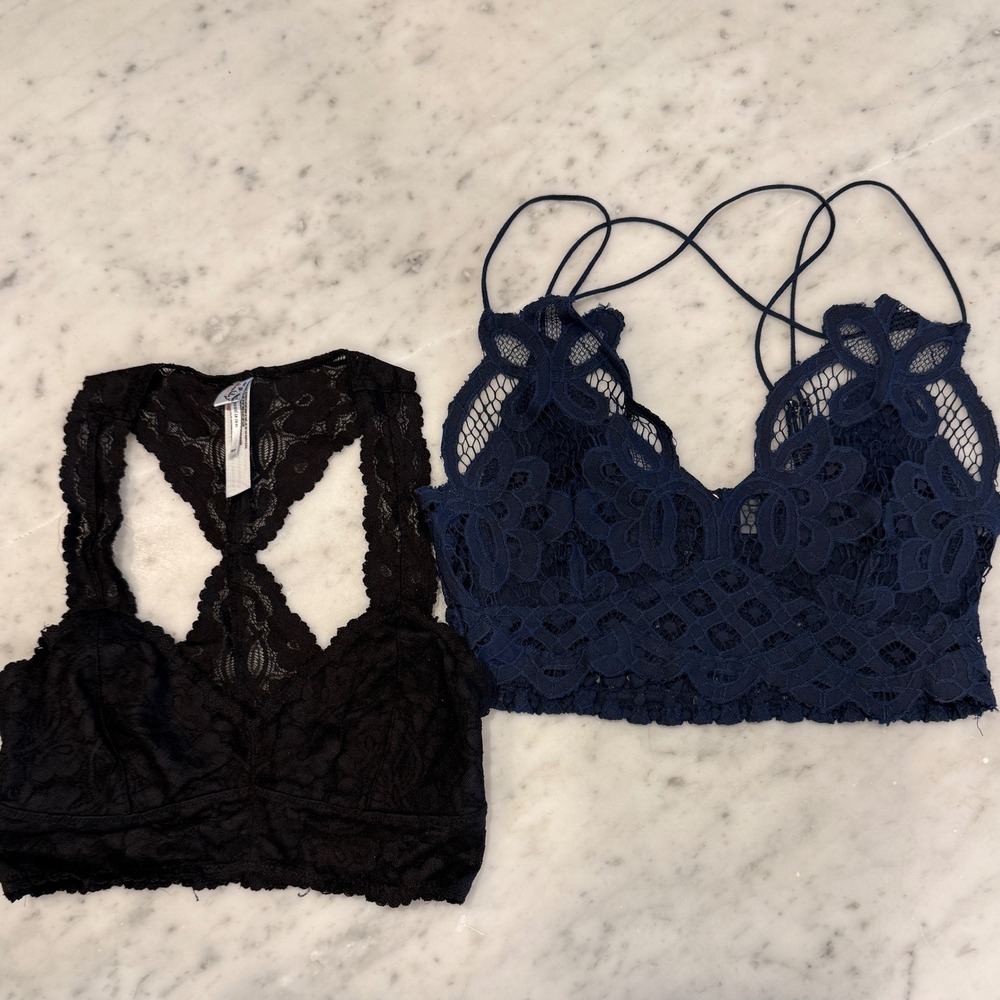 Free People Lace Bralette Set XS Black Galloon Racerback Navy Adella Strappy